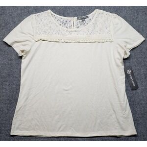 Daisy Fuentes Blouse Womens XL Ivory Lace Round Neck Short Sleeve Stretch New